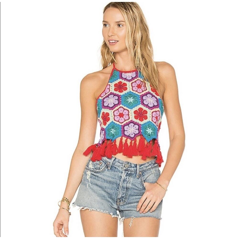 SHOW ME YOUR MUMU Dylan Crochet Halter Crop Top M Red Hippie Boho Festival